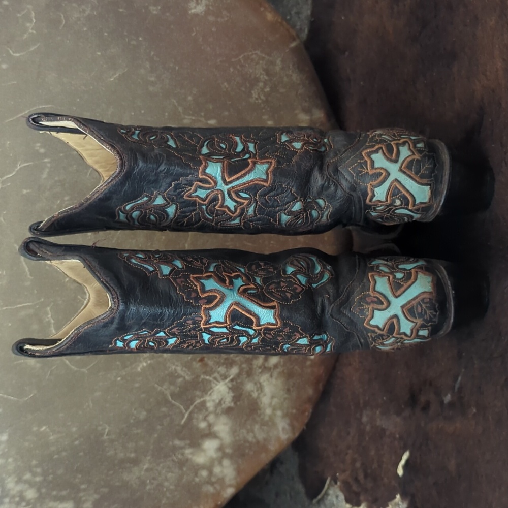 CORRAL R2482 Espresso brown & turquoise inlay crosses & roses cowgirl boots sz 7 - Picture 7 of 16